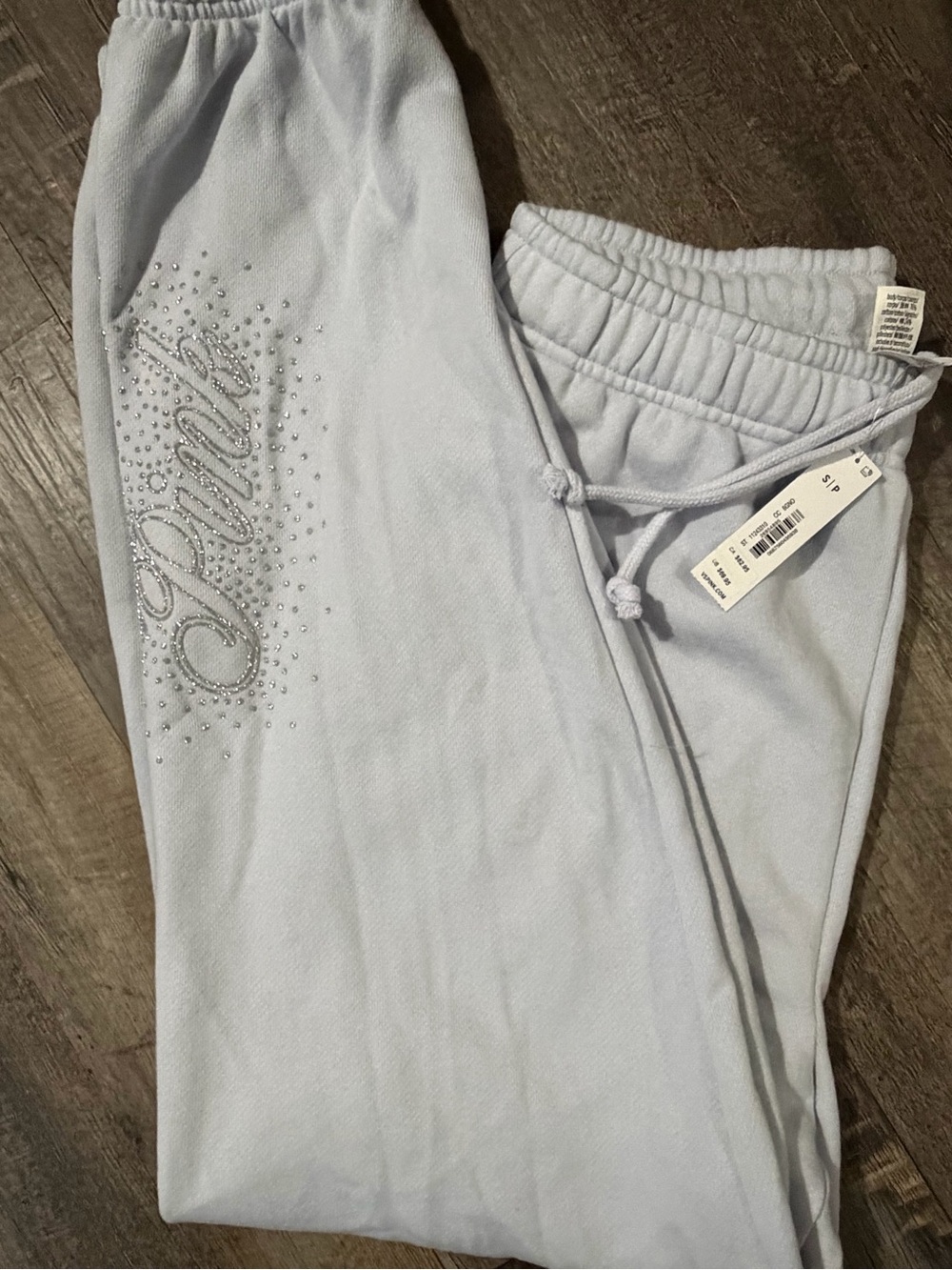 PINK Victoria's Secret Light Blue Rhinestone Script Joggers
